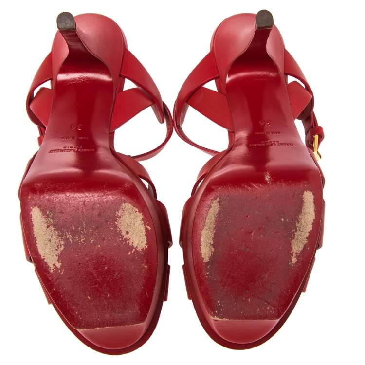 Pre Owned Yves Saint Laurent  Red  Leather Tribute Platform Sandals Size 36