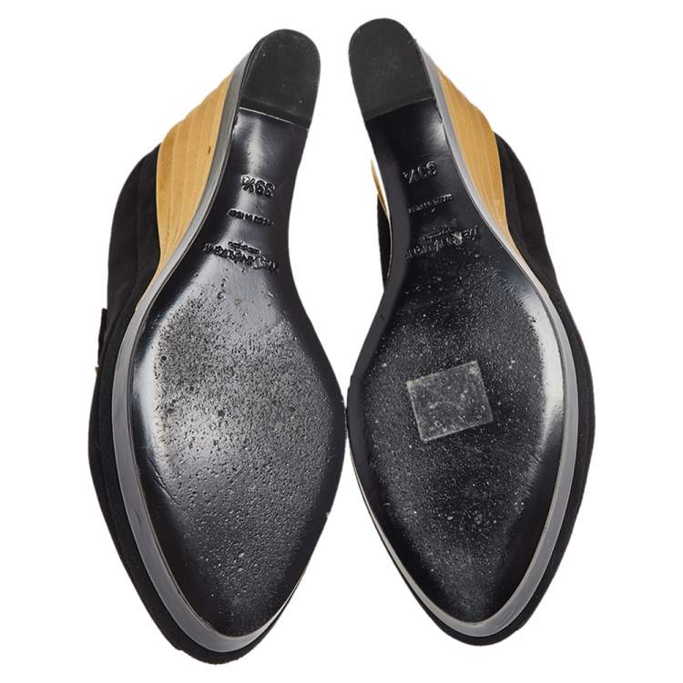 Pre Owned Yves Saint Laurent Gold/Black Suede Peep Toe Wedge Platform Pumps Size 39.5