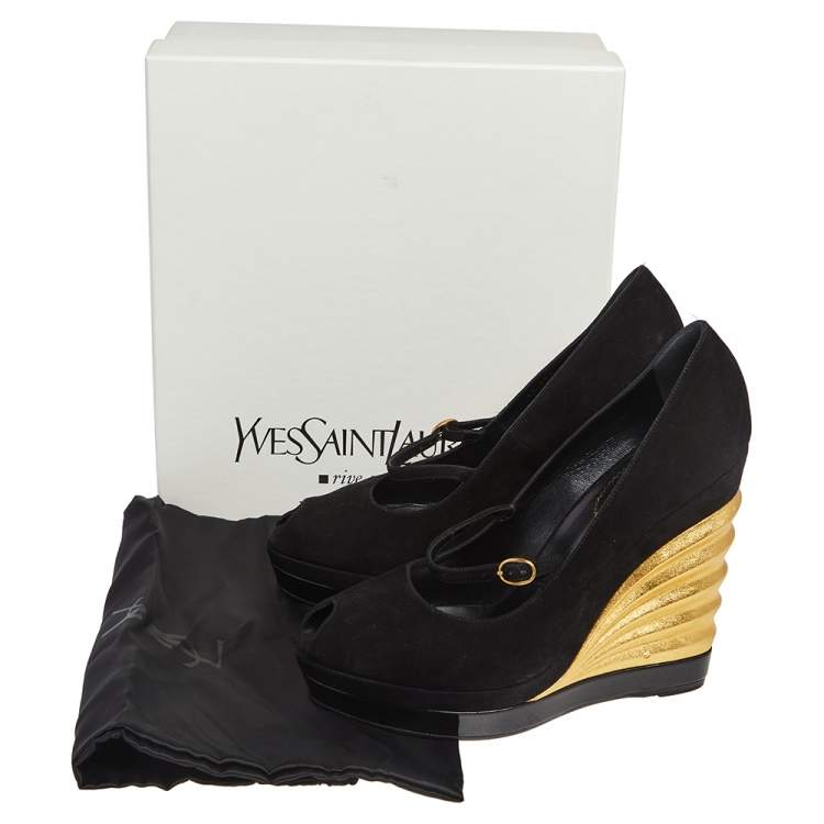 Pre Owned Yves Saint Laurent Gold/Black Suede Peep Toe Wedge Platform Pumps Size 39.5