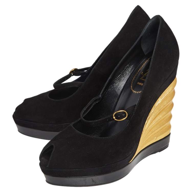 Pre Owned Yves Saint Laurent Gold/Black Suede Peep Toe Wedge Platform Pumps Size 39.5