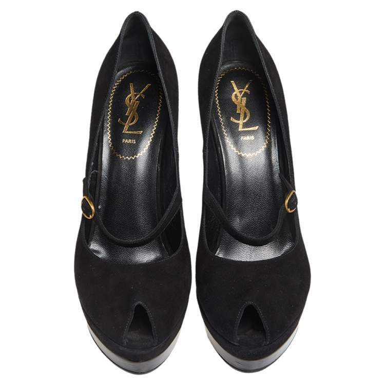 Pre Owned Yves Saint Laurent Gold/Black Suede Peep Toe Wedge Platform Pumps Size 39.5