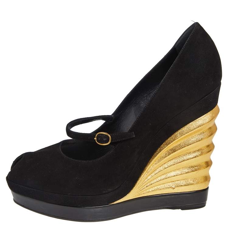 Pre Owned Yves Saint Laurent Gold/Black Suede Peep Toe Wedge Platform Pumps Size 39.5