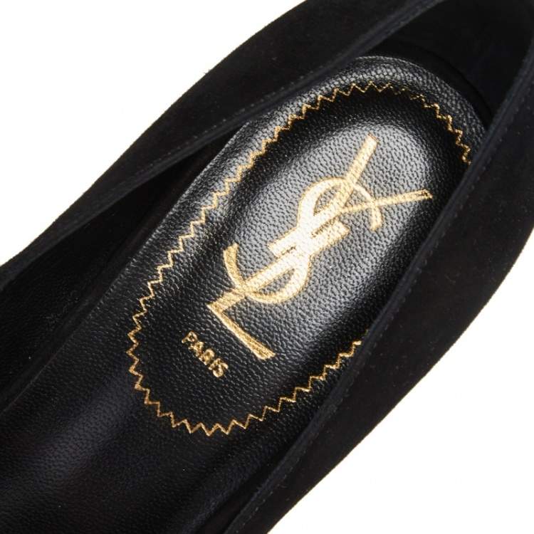 Pre Owned Yves Saint Laurent Gold/Black Suede Peep Toe Wedge Platform Pumps Size 39.5