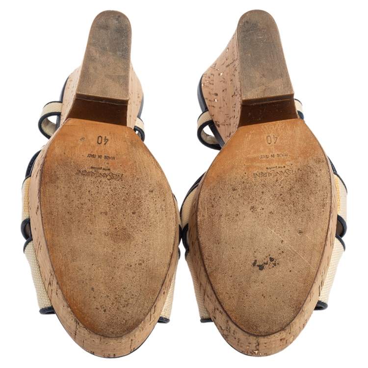 Pre Owned Yves Saint Laurent White/Blue Canvas Deauville Cork Wedge Slingback Sandals Size 40 