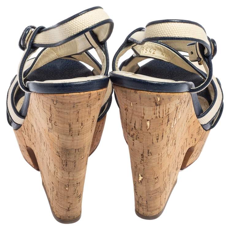 Pre Owned Yves Saint Laurent White/Blue Canvas Deauville Cork Wedge Slingback Sandals Size 40 