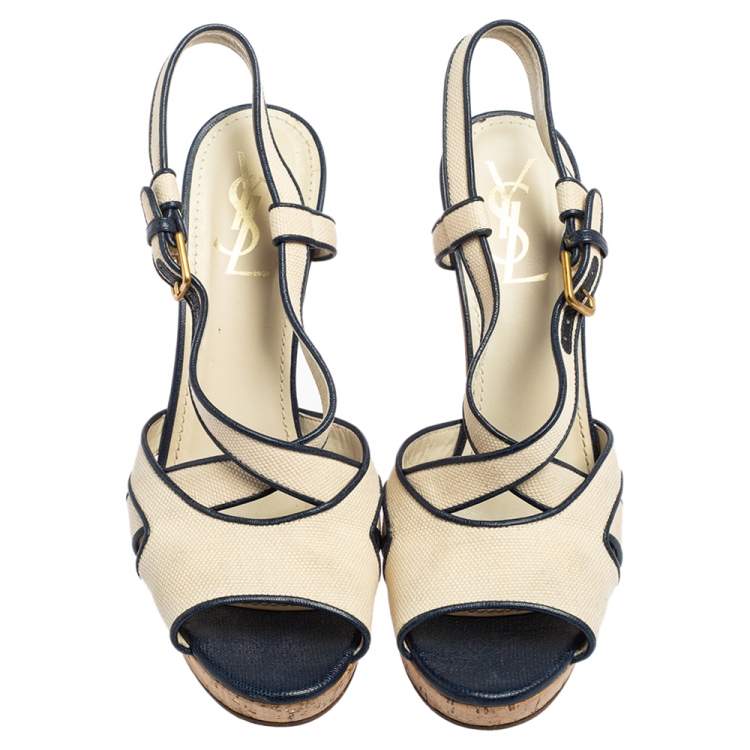 Pre Owned Yves Saint Laurent White/Blue Canvas Deauville Cork Wedge Slingback Sandals Size 40 