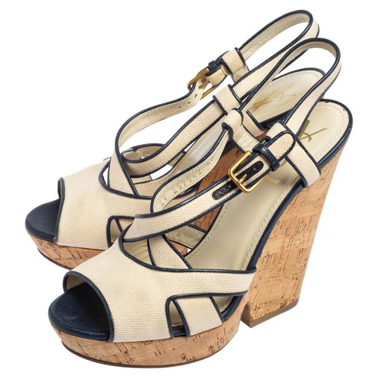Pre Owned Yves Saint Laurent White/Blue Canvas Deauville Cork Wedge Slingback Sandals Size 40 