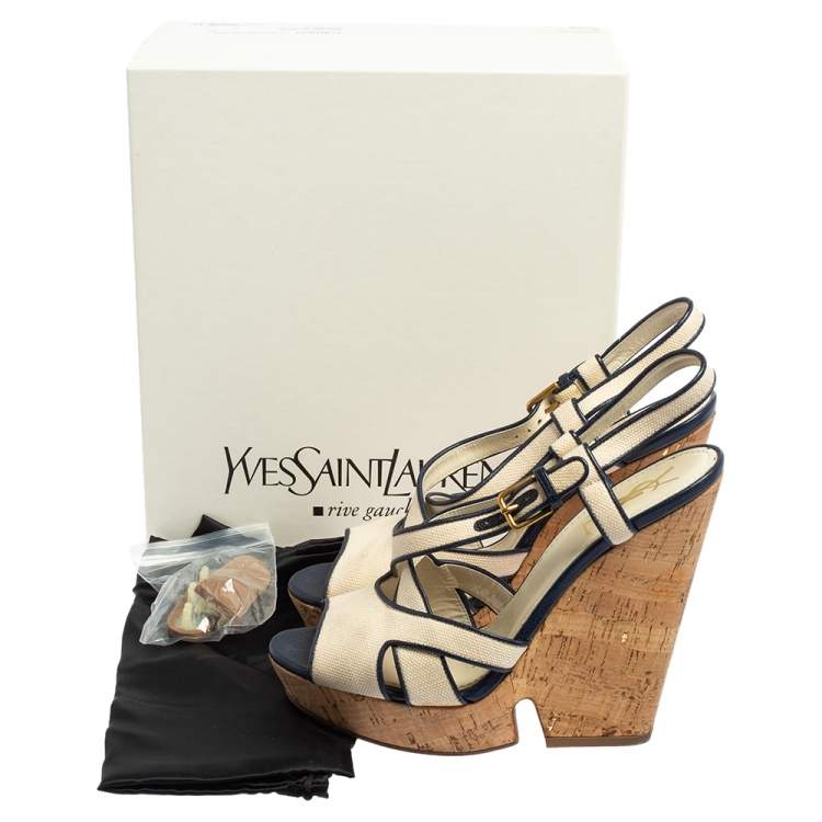 Pre Owned Yves Saint Laurent White/Blue Canvas Deauville Cork Wedge Slingback Sandals Size 40 