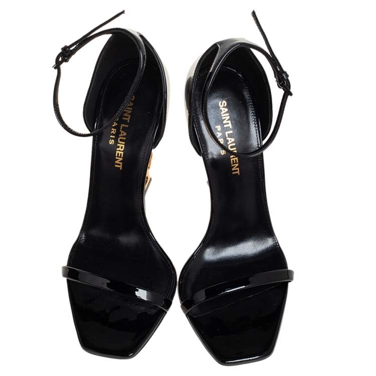 Pre Owned Yves Saint Laurent Black Patent Leather Opyum Gold Heel Sandals Size 36