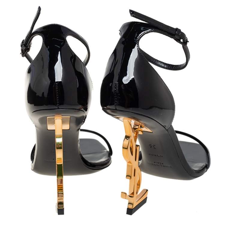 Pre Owned Yves Saint Laurent Black Patent Leather Opyum Gold Heel Sandals Size 36