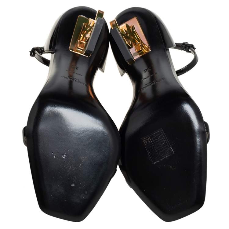 Pre Owned Yves Saint Laurent Black Patent Leather Opyum Gold Heel Sandals Size 36