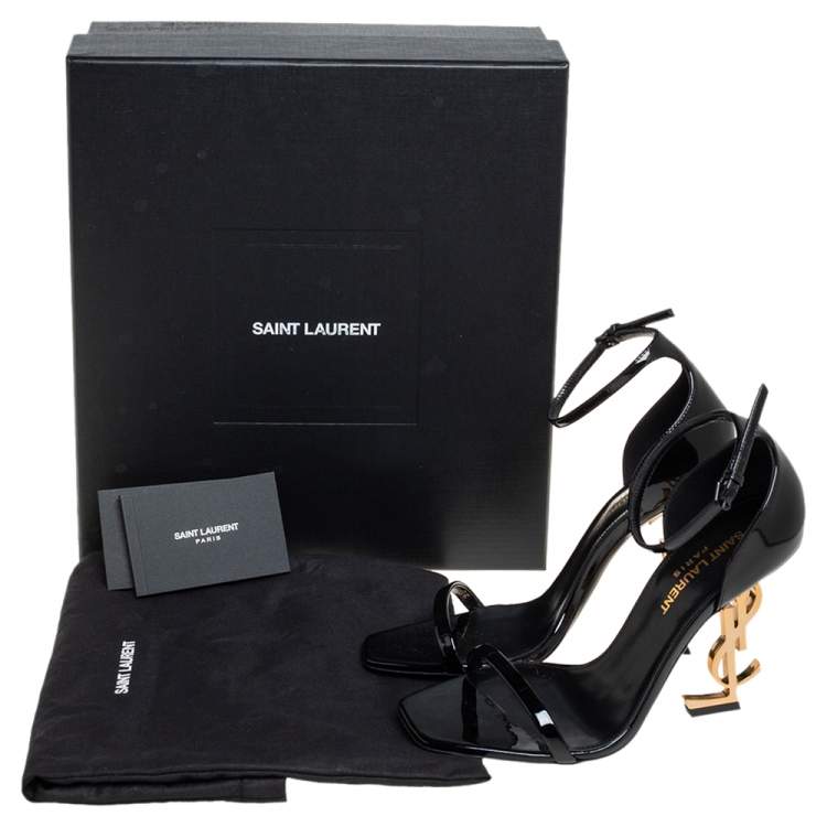 Pre Owned Yves Saint Laurent Black Patent Leather Opyum Gold Heel Sandals Size 36