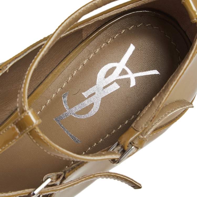 Pre Owned Saint Laurent Beige Patent Leather Jane Ankle Strap Sandals Size 38
