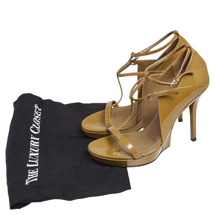 Pre Owned Saint Laurent Beige Patent Leather Jane Ankle Strap Sandals Size 38