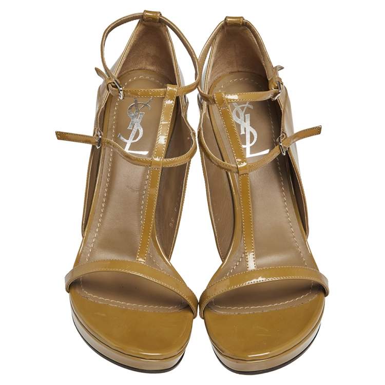Pre Owned Saint Laurent Beige Patent Leather Jane Ankle Strap Sandals Size 38