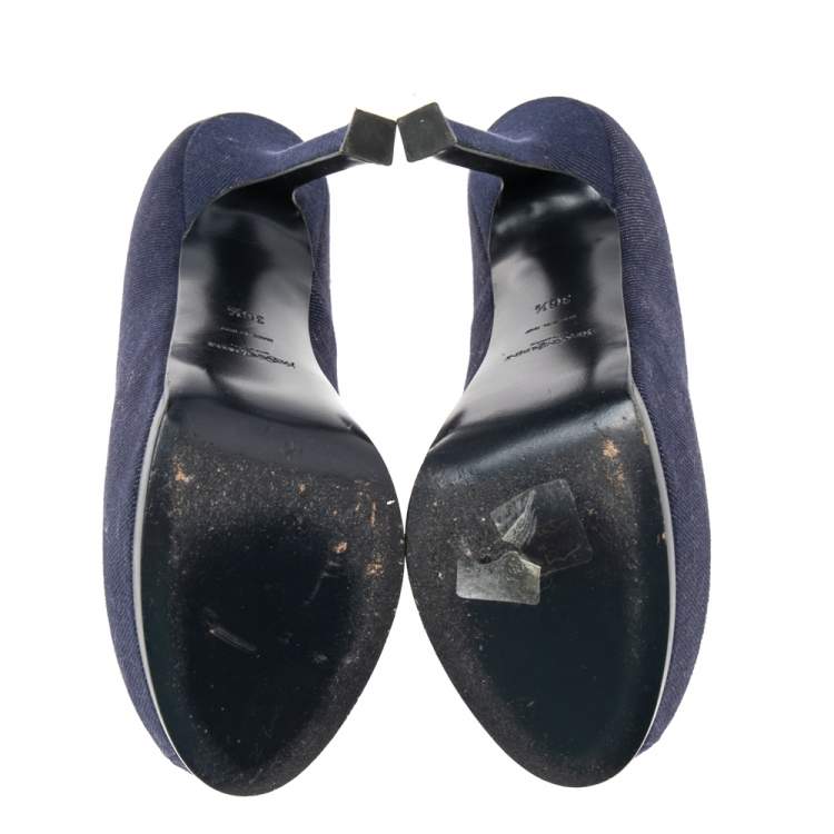 Pre Owned Yves Saint Laurent Blue Denim Fabric Tribtoo Platform Pumps Size 36.5
