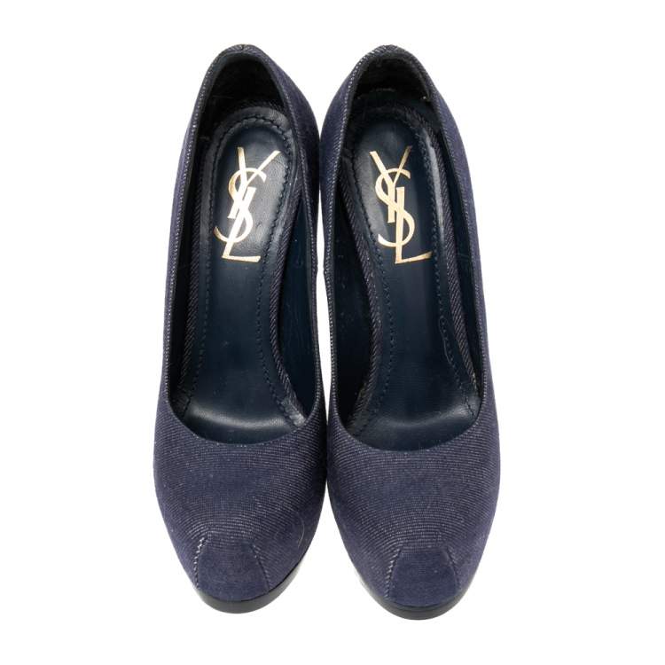 Pre Owned Yves Saint Laurent Blue Denim Fabric Tribtoo Platform Pumps Size 36.5