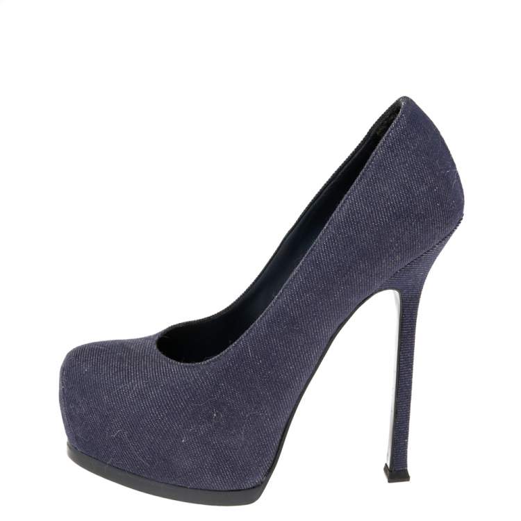 Pre Owned Yves Saint Laurent Blue Denim Fabric Tribtoo Platform Pumps Size 36.5