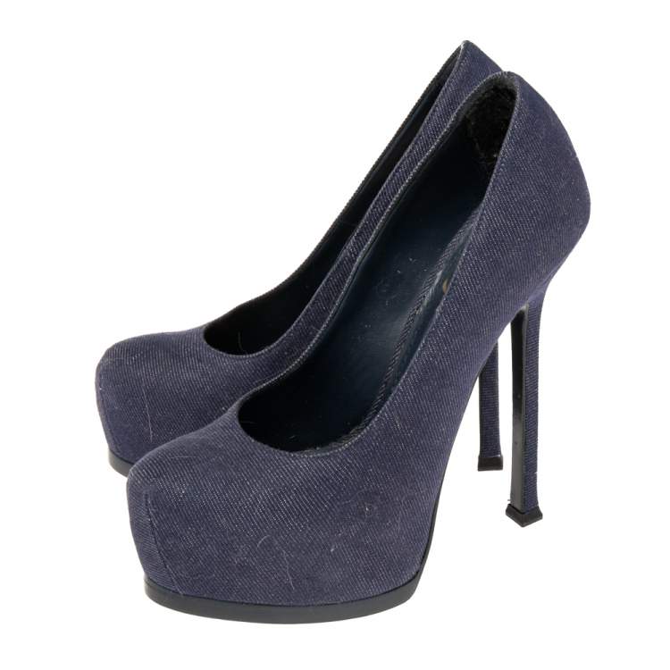 Pre Owned Yves Saint Laurent Blue Denim Fabric Tribtoo Platform Pumps Size 36.5