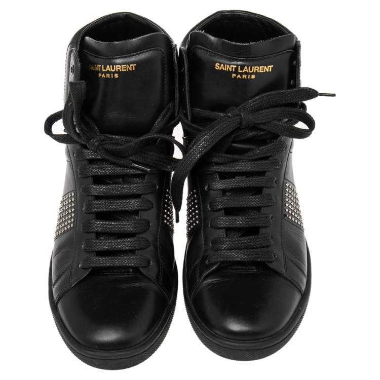 Pre Owned Yves Saint Laurent Black Leather Studded High Top Sneakers Size 36.5