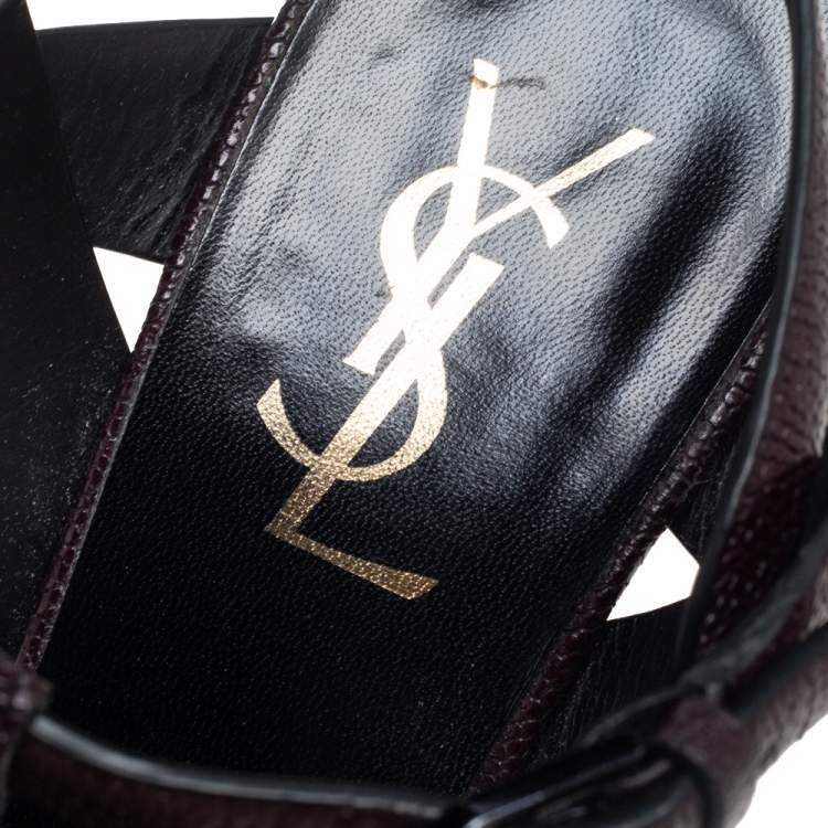 Pre Owned Saint Laurent Burgundy Textured Leather Tribute Sandals Size 38.5