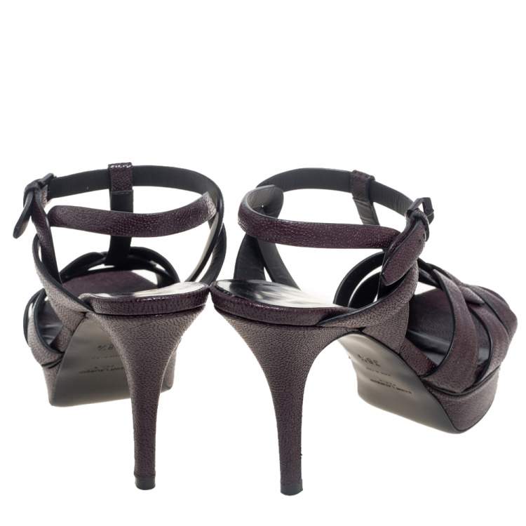 Pre Owned Saint Laurent Burgundy Textured Leather Tribute Sandals Size 38.5