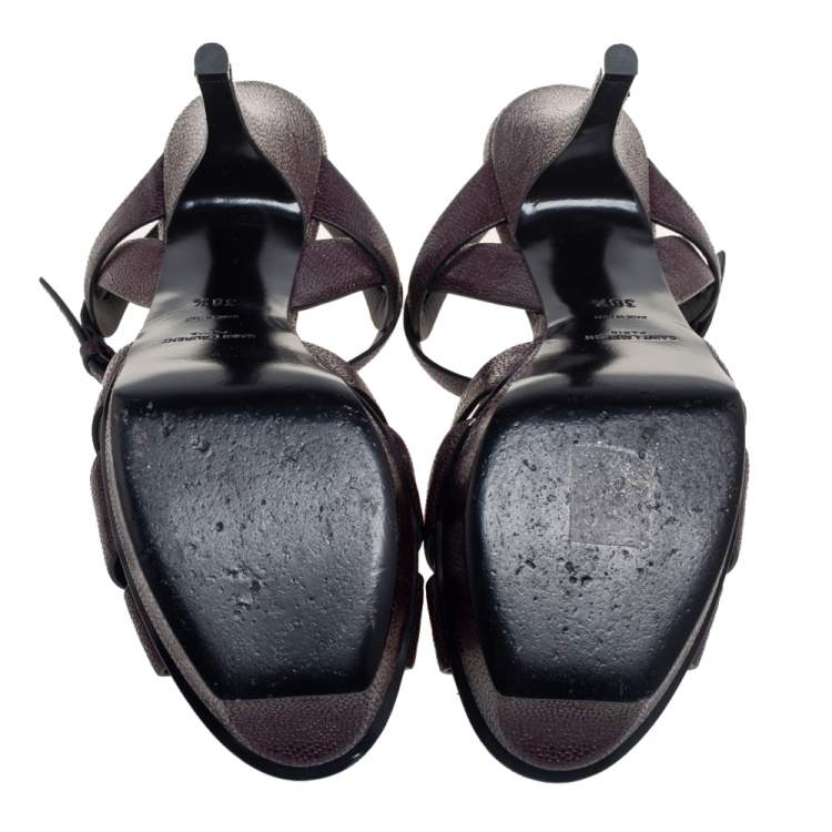 Pre Owned Saint Laurent Burgundy Textured Leather Tribute Sandals Size 38.5