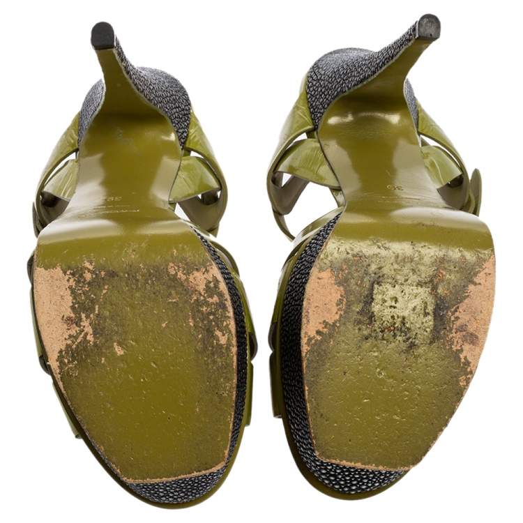 Pre Owned Yves Saint Laurent Apple Green Leather Tribute Platform Sandals Size 39