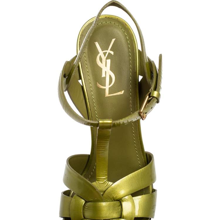 Pre Owned Yves Saint Laurent Apple Green Leather Tribute Platform Sandals Size 39