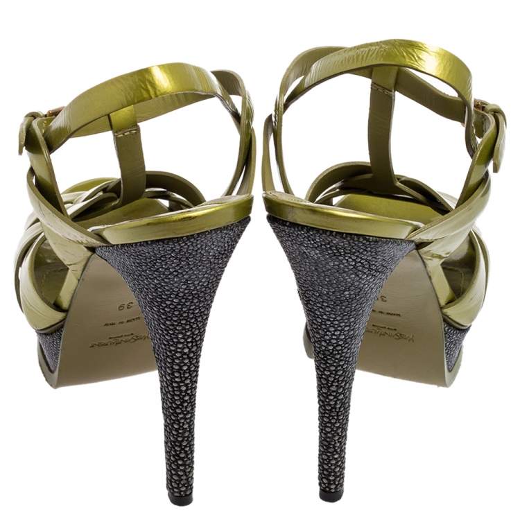 Pre Owned Yves Saint Laurent Apple Green Leather Tribute Platform Sandals Size 39