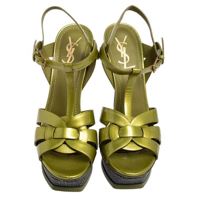 Pre Owned Yves Saint Laurent Apple Green Leather Tribute Platform Sandals Size 39