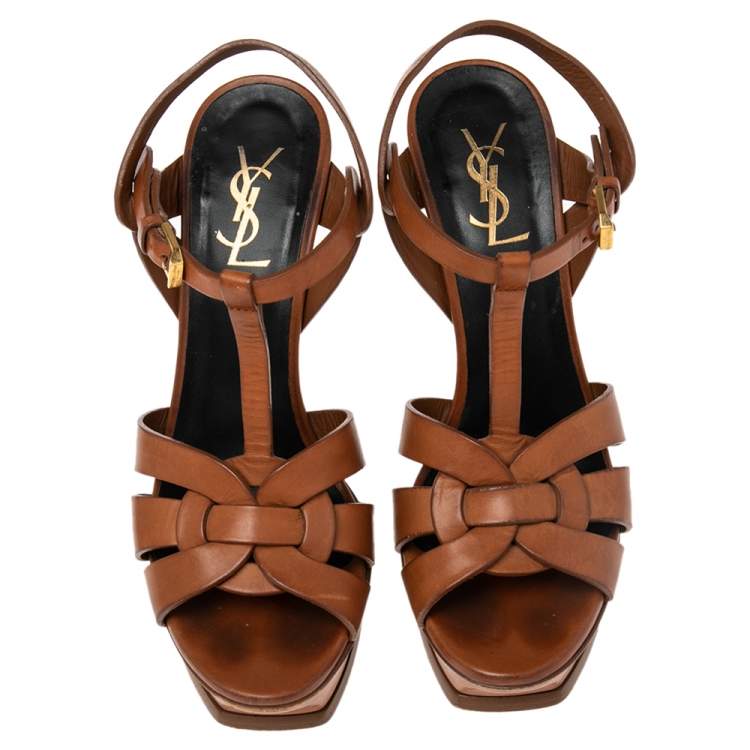 Pre Owned Saint Laurent Tan Leather Tribute Sandals Size 38