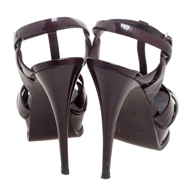 Pre Owned Yves Saint Laurent Burgundy Patent Leather Tribute Platform Sandals Size 38