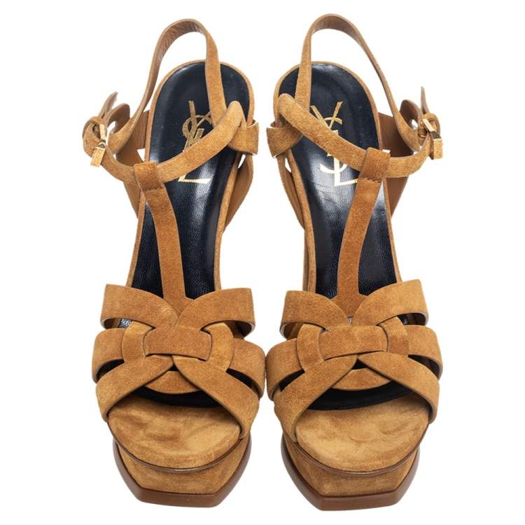 Pre Owned Saint Laurent Beige Suede Tribute Platform Sandals Size 37.5