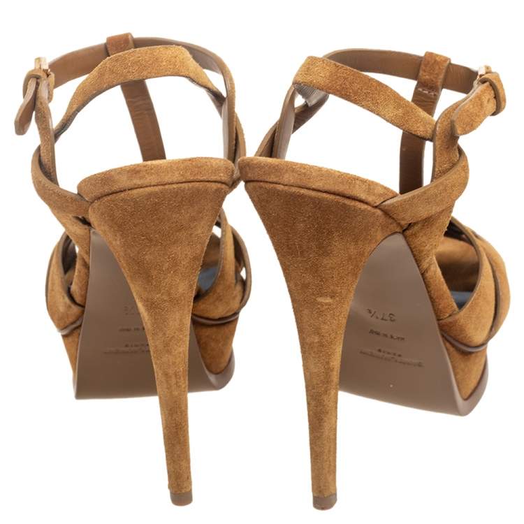 Pre Owned Saint Laurent Beige Suede Tribute Platform Sandals Size 37.5