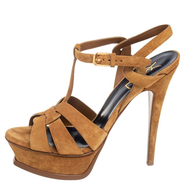 Pre Owned Saint Laurent Beige Suede Tribute Platform Sandals Size 37.5