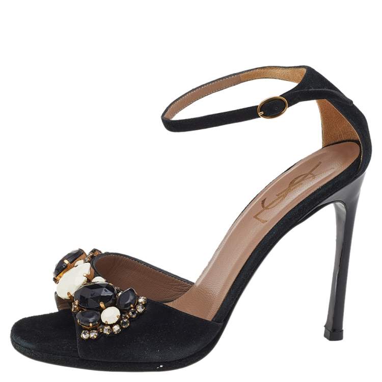 Pre Owned Yves Saint Laurent Black Suede Crystal Embellished Ankle Strap Sandals Size 37