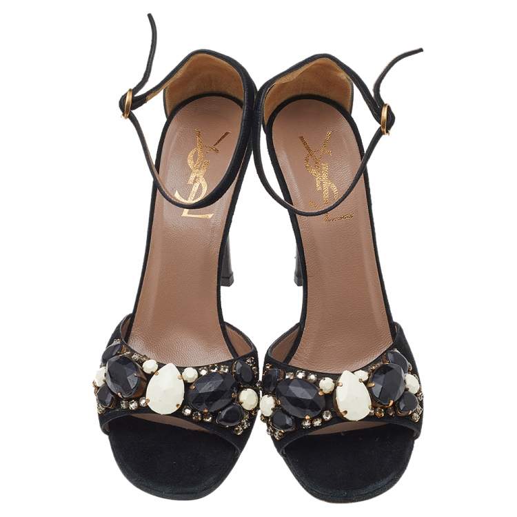 Pre Owned Yves Saint Laurent Black Suede Crystal Embellished Ankle Strap Sandals Size 37