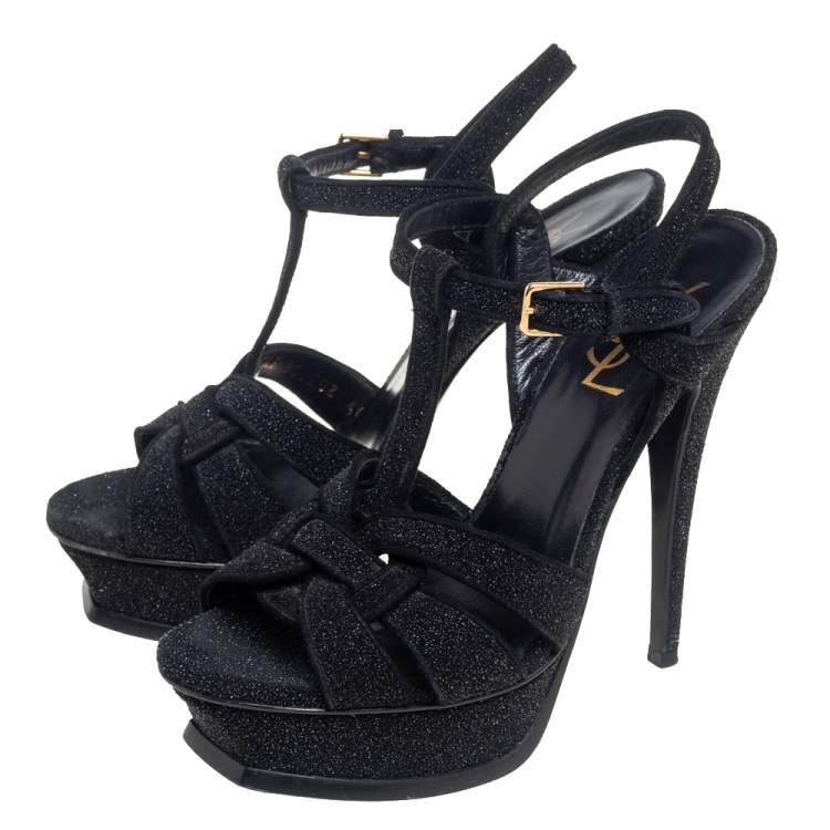 مملوكة مسبقًا Saint Laurent Black Quartz Suede Tribute Sandals Size 37
