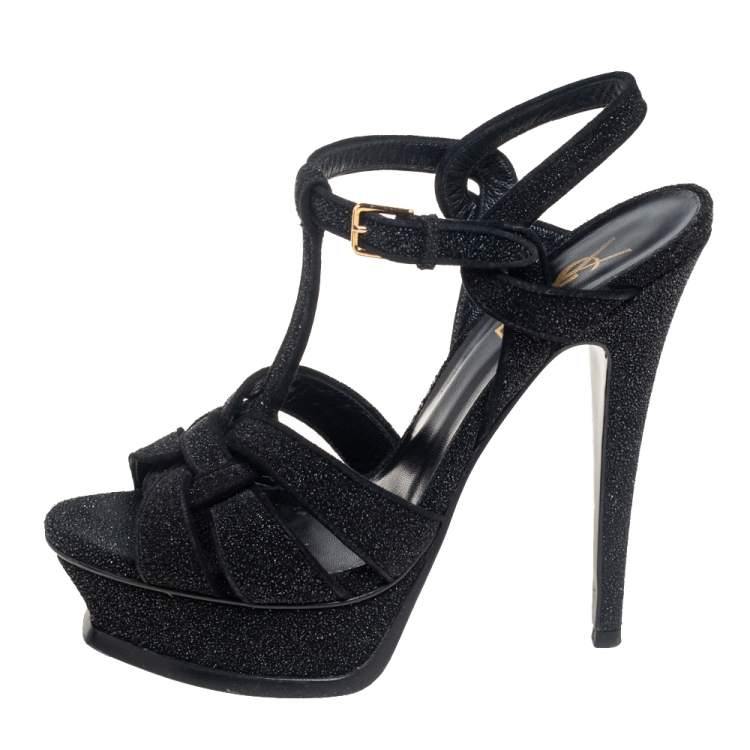 مملوكة مسبقًا Saint Laurent Black Quartz Suede Tribute Sandals Size 37