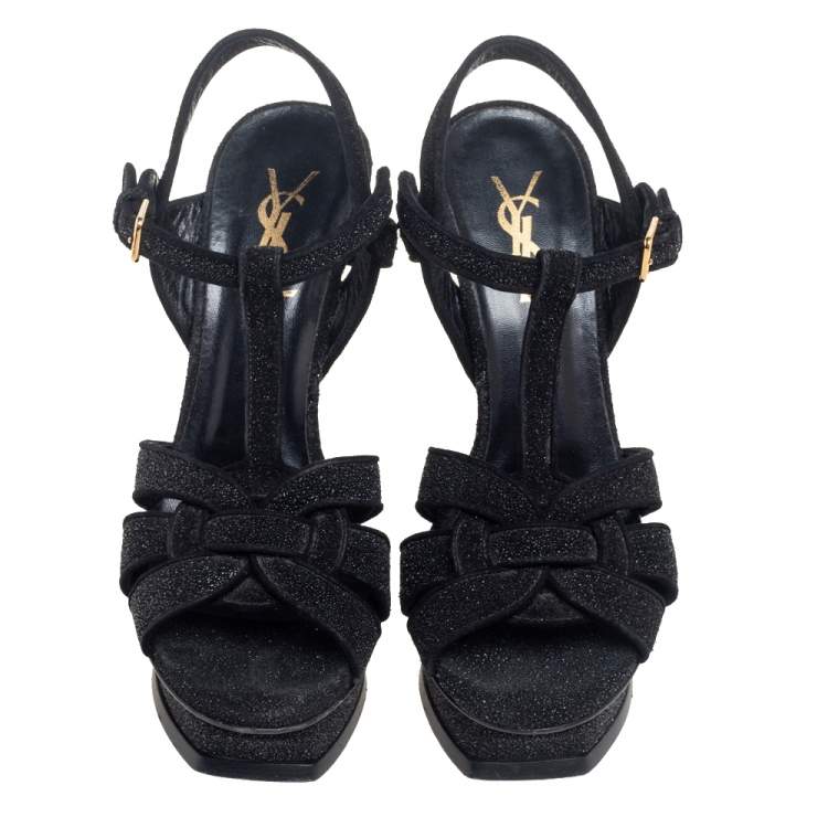 مملوكة مسبقًا Saint Laurent Black Quartz Suede Tribute Sandals Size 37