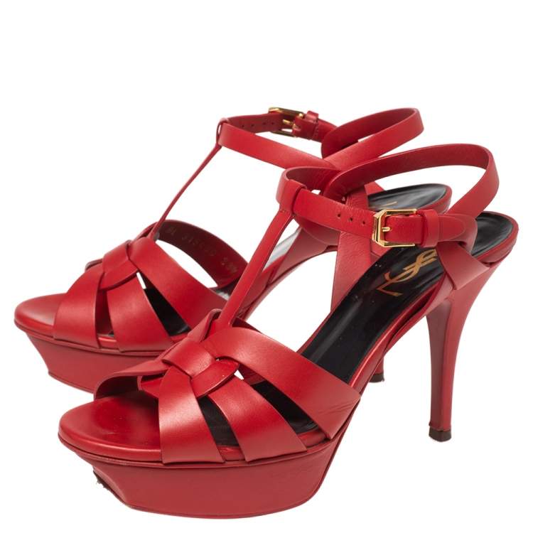 Pre Owned Yves Saint Laurent  Red  Leather Tribute Platform Sandals Size 36.5