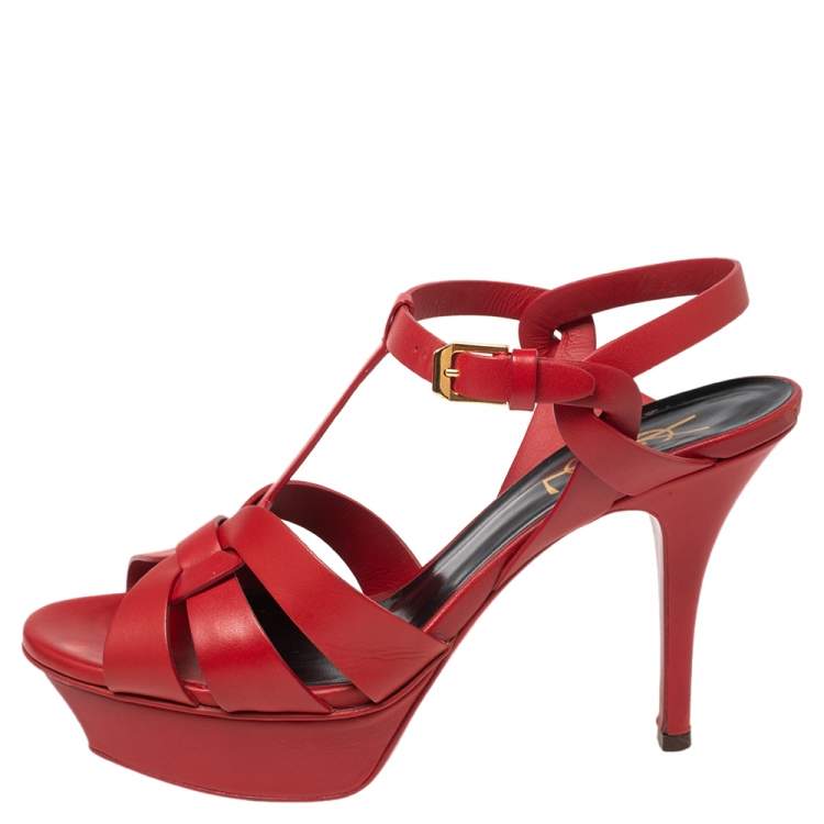 Pre Owned Yves Saint Laurent  Red  Leather Tribute Platform Sandals Size 36.5