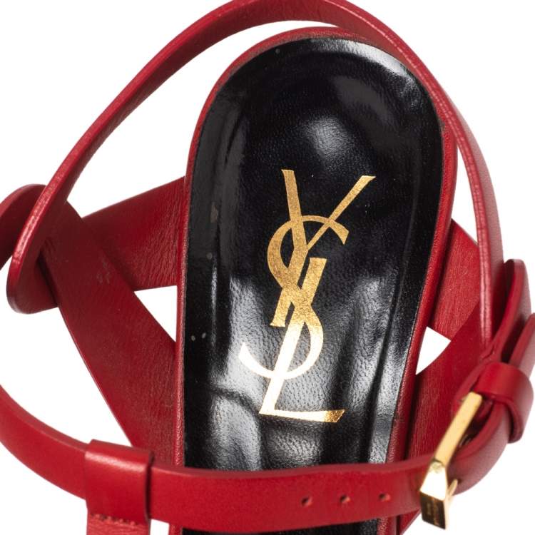 Pre Owned Yves Saint Laurent  Red  Leather Tribute Platform Sandals Size 36.5