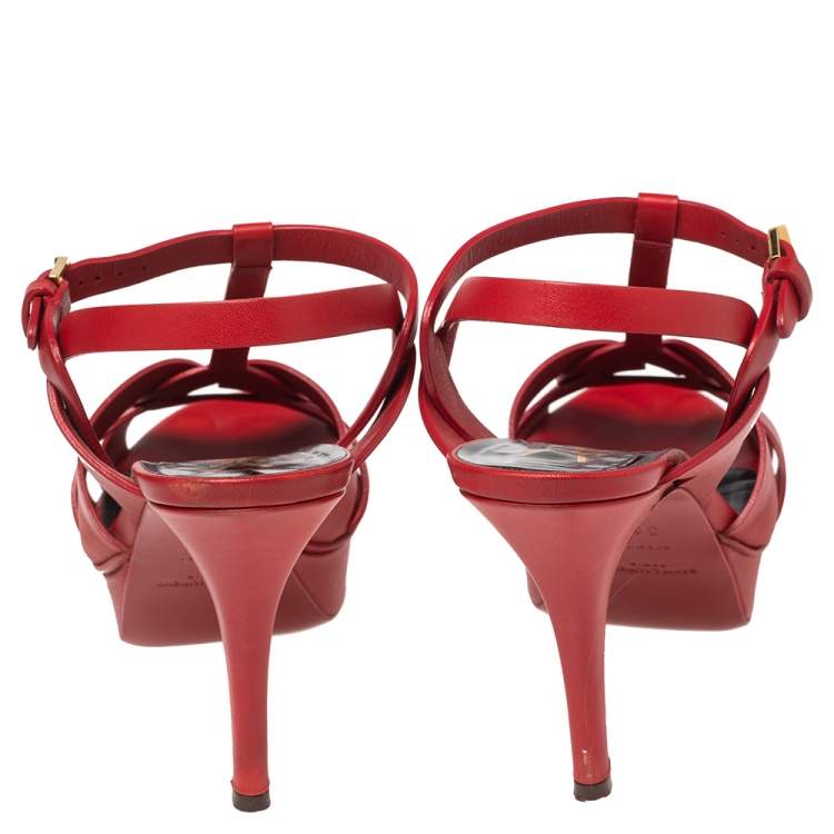Pre Owned Yves Saint Laurent  Red  Leather Tribute Platform Sandals Size 36.5