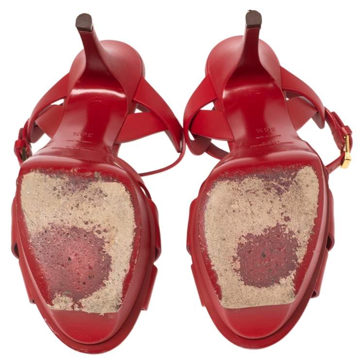 Pre Owned Yves Saint Laurent  Red  Leather Tribute Platform Sandals Size 36.5