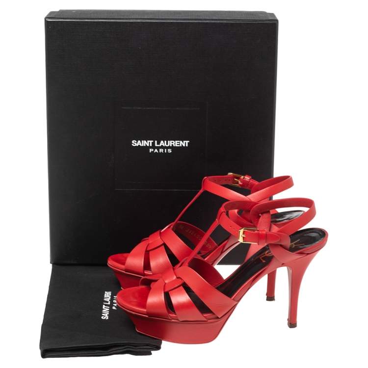 Pre Owned Yves Saint Laurent  Red  Leather Tribute Platform Sandals Size 36.5