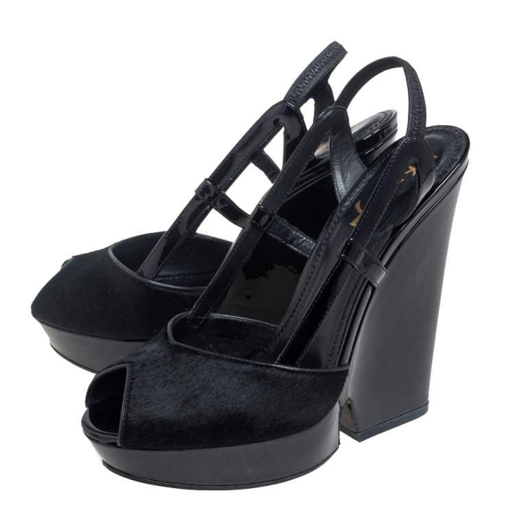 Pre Owned Yves Saint Laurent Black Patent Leather And Pony Hair Slingback Sandals Size 39