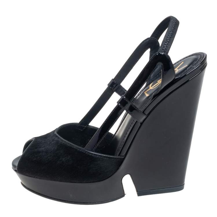 Pre Owned Yves Saint Laurent Black Patent Leather And Pony Hair Slingback Sandals Size 39