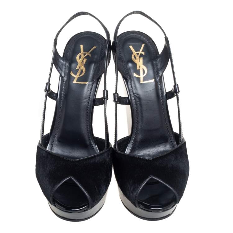Pre Owned Yves Saint Laurent Black Patent Leather And Pony Hair Slingback Sandals Size 39